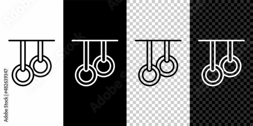 Set line Gymnastic rings icon isolated on black and white, transparent background. Playground equipment with hanging rope with rings. Vector