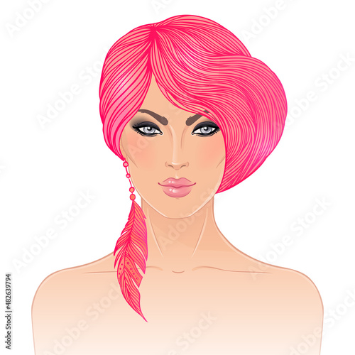 Boho style fashion girl with pink hair. Vector illustration.