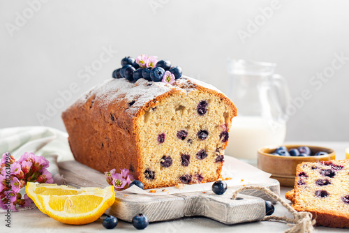  Homemade lemon blueberry cake or fruitcake. Spring breakfast. White background. photo