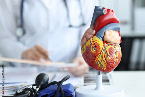 Fotografia Artificial plastic model of human heart standing against background of cardiolog