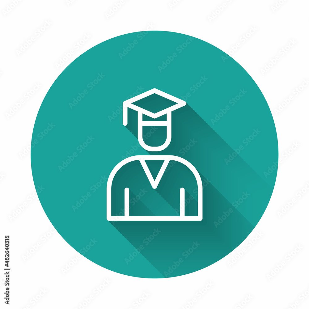 White line Graduate and graduation cap icon isolated with long shadow background. Green circle button. Vector White line Graduate and graduation cap icon isolated with long shadow background. Green circle button. Vector