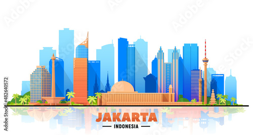 Jakarta  Indonesia  city skyline on a white background. Flat vector illustration. Business travel and tourism concept with modern buildings. Image for banner or website.
