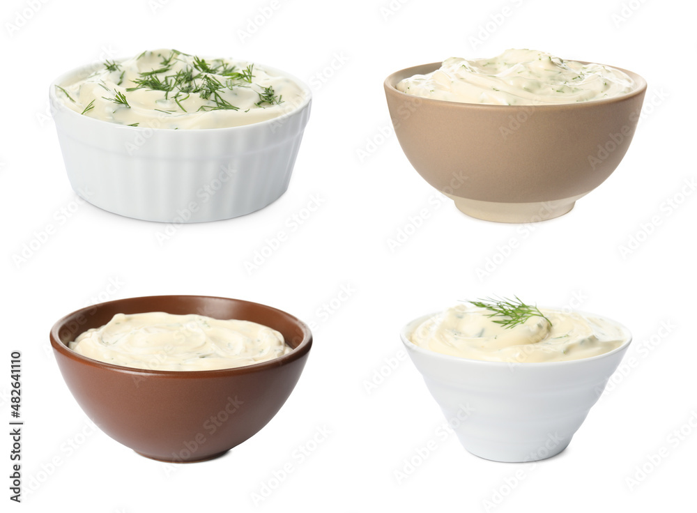 Set with tasty creamy dill sauce on white background Set with tasty creamy dill sauce on white background