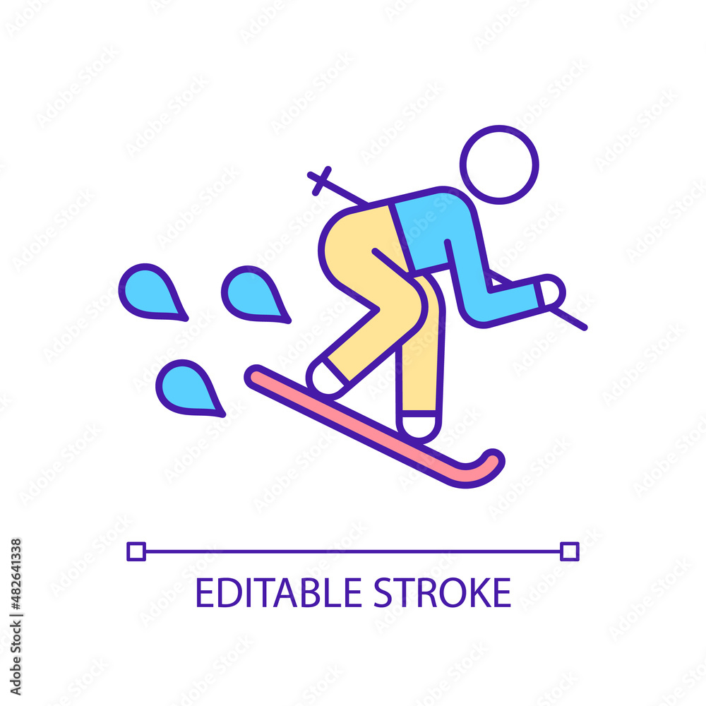 Skiing RGB color icon. Active sport. Leisure time activity. Recreation and competition. Skier equipment. Isolated vector illustration. Simple filled line drawing. Editable stroke. Arial font used