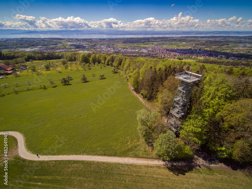 Drohnenblick über den Aussichtsturm von Gehrenberg zum Bodensee photo