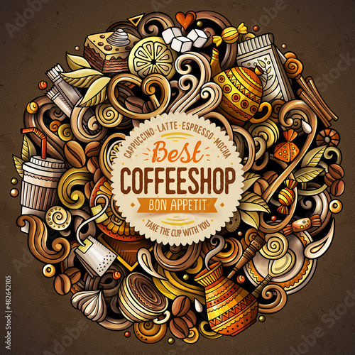 Cafe funny hand drawn vector doodles illustration.