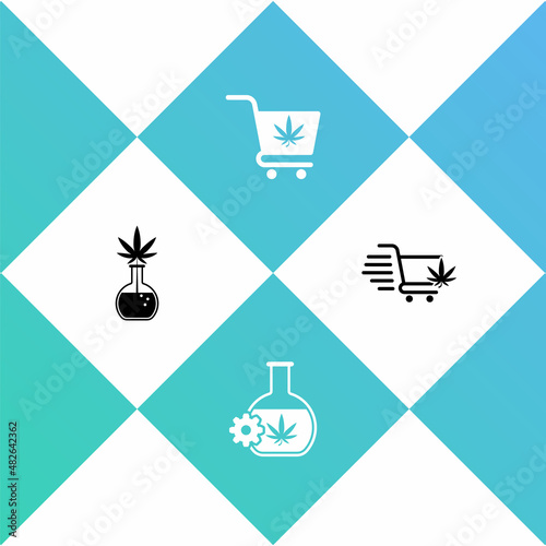 Set Test tube with marijuana, , Shopping cart and icon. Vector