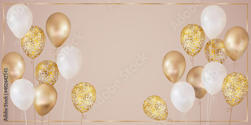 White and golden realistic balloons on neutral beige background, vector greeting card template