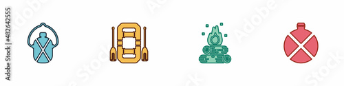 Set Canteen water bottle, Rafting boat, Campfire and icon. Vector