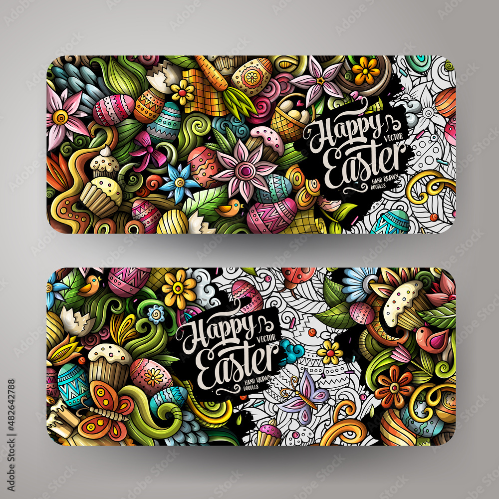 Cartoon cute colorful vector doodles Happy Easter banners