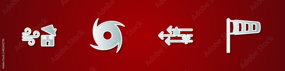 Set Tornado swirl, , Wind and rain with snow and Cone meteorology windsock wind vane icon. Vector Set Tornado swirl, , Wind and rain with snow and Cone meteorology windsock wind vane icon. Vector