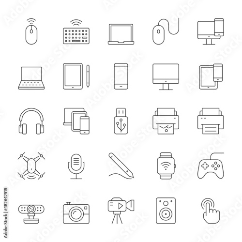 A set of thin line icons that include editable strokes or outlines using the EPS vector file. Device, technology equipment, computer, laptop, mobile phone, tablet, icons, vector illustration.
