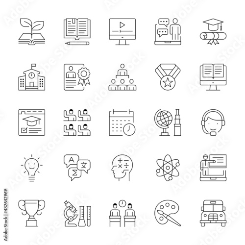 A set of thin line icons that include editable strokes or outlines using the EPS vector file. Education, E-learning, education training class online, icons, vector illustration.
