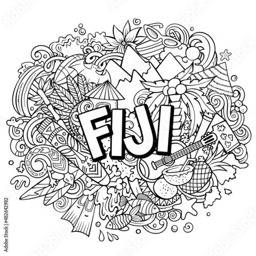 Fiji hand drawn cartoon doodles illustration. Funny travel design.