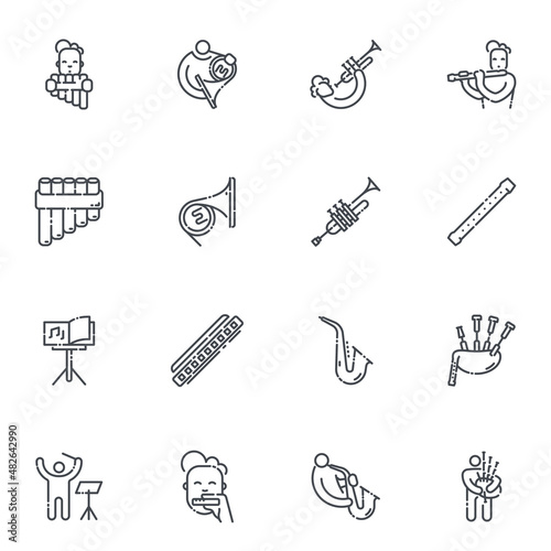 Vector line icon set of musicians playing variable musical instruments isolated