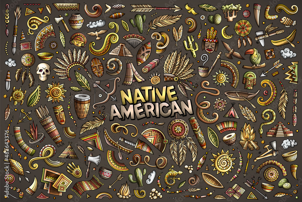 Colorful vector hand drawn doodle cartoon set of Native American objects