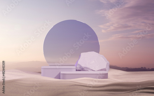 Abstract platform podium on sand dunes background. Stone pedestal premium podium with mirror behind, tropical leaves . Realistic pastel purple mock-up for products promotion, presentation. 3d render 