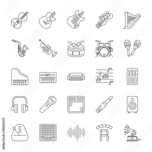 A set of line icons, music, musical instrument, icons, vector illustration.