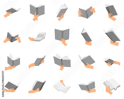 An open book in his hand. Reading a book, library, bookstore, training, education. Set of vector icons, flat, isolated