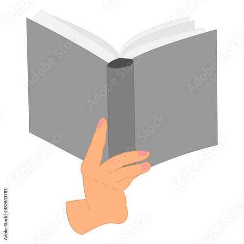 An open book in his hand. Thick book in one hand, bottom view. Reading a book, library, bookstore, training, education. Vector icon, flat, isolated