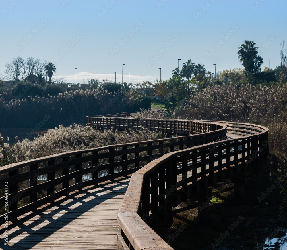 panoramic long bridge made of wooden planks