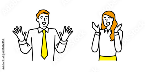 驚きと喜びを両手で表現する男性と女性