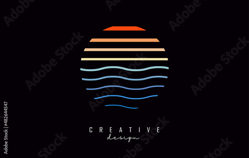 Letter O logo design with colorful lines. Vector illustration with sea and sunset color lines,