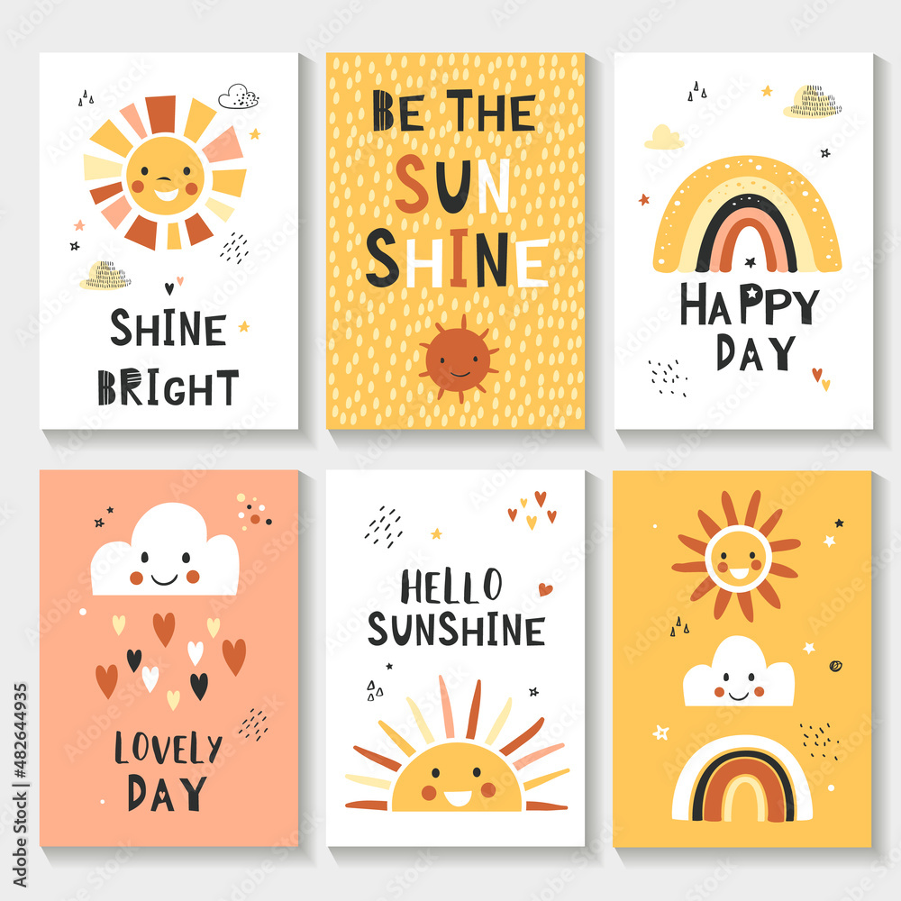 Childish nursery prints with sun, rainbow and clouds. Vector poster design.