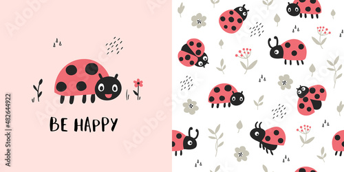 Cute kids pattern with ladybugs, seamless background, and baby shower greeting card. Vector texture for kids bedding, fabric, wallpaper, wrapping paper, textile, t-shirt