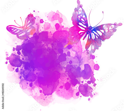 Amazing watercolor background with butterfly. Vector art isolated on white