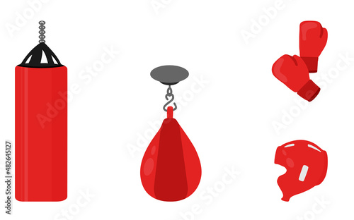 Set of sports equipment for boxing. Helmet, punching bags and gloves.