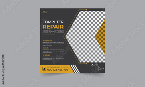 Computer repair flyer design business flyer template geometric shape poster design brochure gradient abstract magazine background space for photo in square size