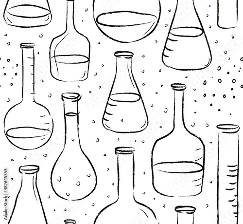 Back to School: science lab objects doodle vintage style sketches seamless pattern, vector illustration.