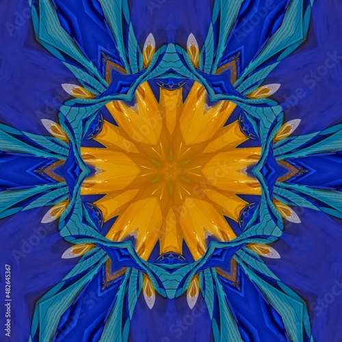 Floral fractal 3d geometric ornament pattern art with blue and yellow with a star in the middle. Creative background nature image design