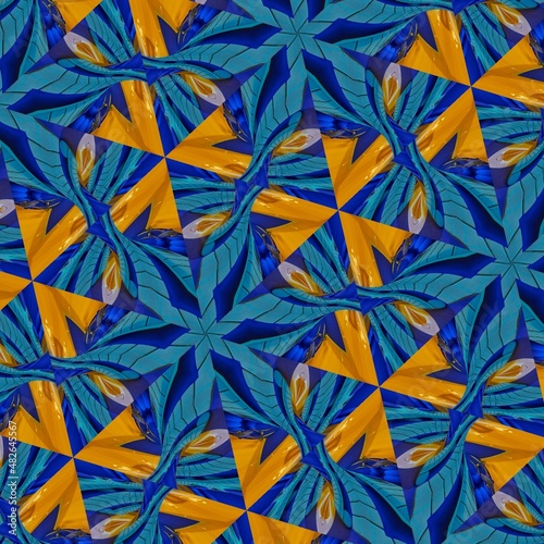 hexagon triangular digital pattern star floral mandala swirl with 3d elements of blues and yellow ochre