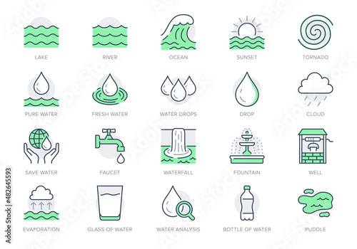 Water line icons. Vector illustration include icon outline plastic bottle, sea waves, water well, typhoon, tsunami, sunset, tornado pictogram for aqua resources. Green Color, Editable Stroke