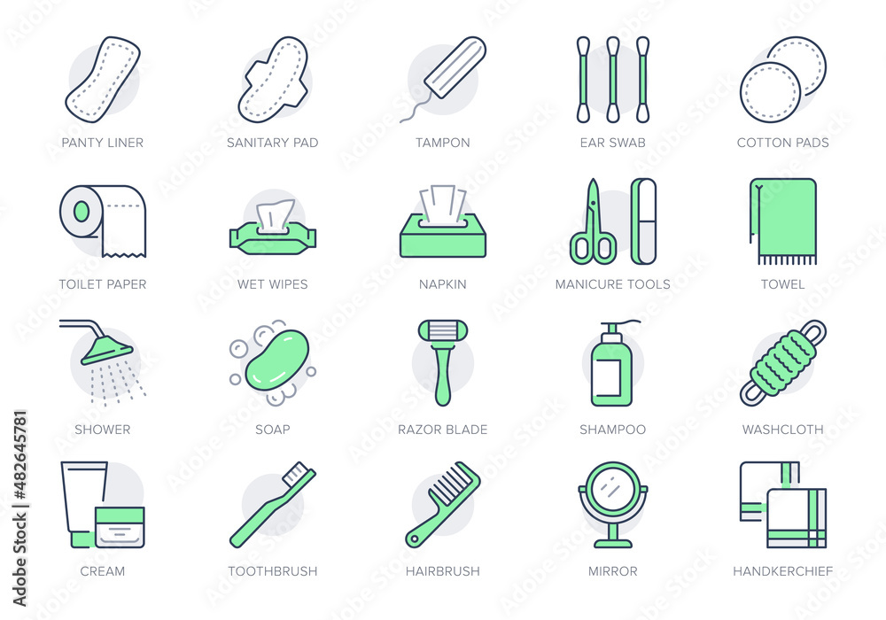 Hygiene line icons. Vector illustration include icon - shower, soap, towel, toilet paper, tissue, sponge, handkerchiefs, cream outline pictogram for toiletries. Green Color, Editable Stroke - obrazy, fototapety, plakaty 