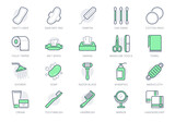 Hygiene line icons. Vector illustration include icon - shower, soap, towel, toilet paper, tissue, sponge, handkerchiefs, cream outline pictogram for toiletries. Green Color, Editable Stroke