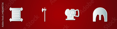 Set Decree, parchment, scroll, Medieval halberd, Cup from the skull and iron helmet icon. Vector