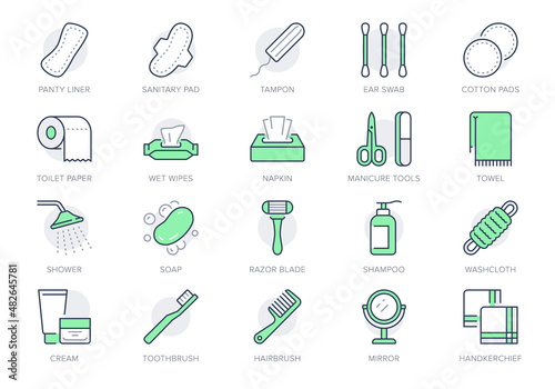 Hygiene line icons. Vector illustration include icon - shower, soap, towel, toilet paper, tissue, sponge, handkerchiefs, cream outline pictogram for toiletries. Green Color, Editable Stroke photo