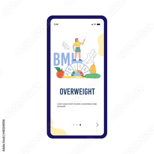 Woman with overweight on obese chart scale, mobile web banner - flat vector illustration.