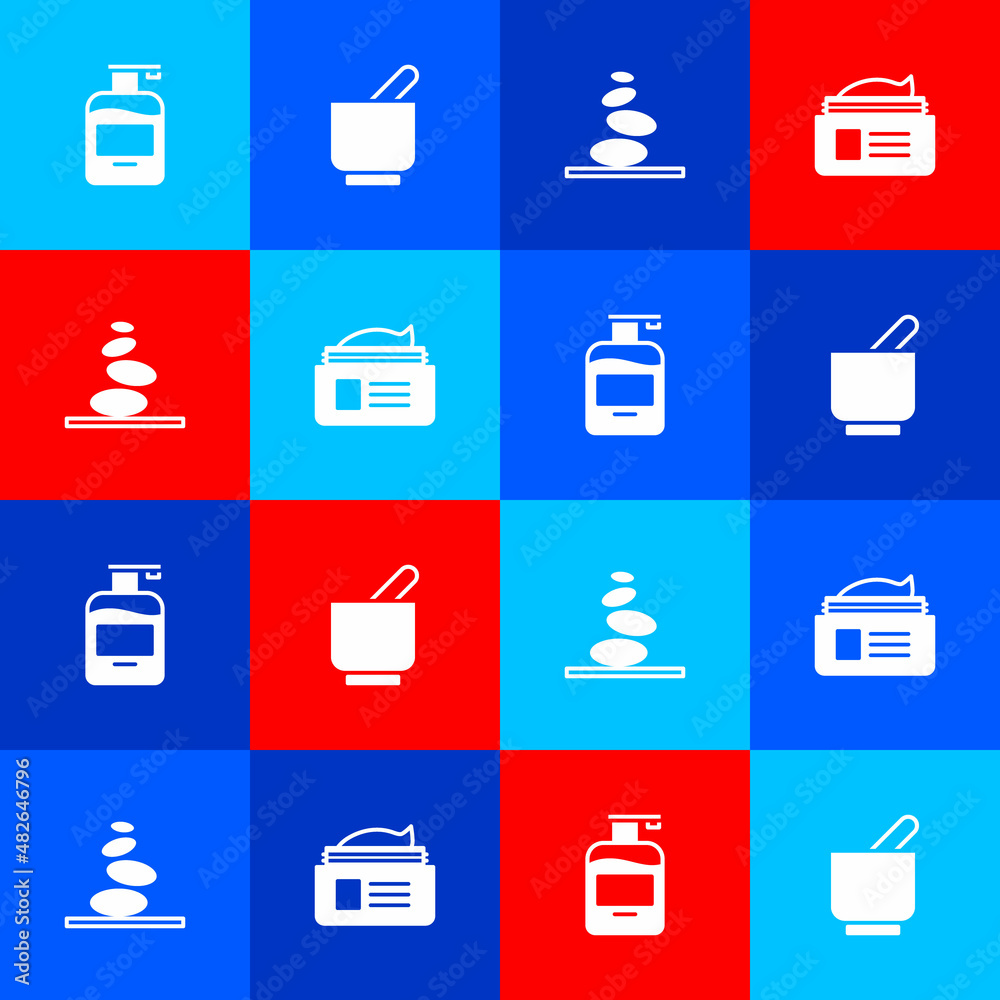 Set Bottle of liquid soap, Mortar and pestle, Stack hot stones and Ointment cream tube icon. Vector Set Bottle of liquid soap, Mortar and pestle, Stack hot stones and Ointment cream tube icon. Vector