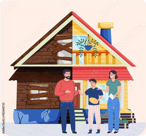 House repair renovation service. Owners standing in front of home before and after overhaul. Restoration of old construction. Remodel building transformation. Reconstruction of destroyed cottage