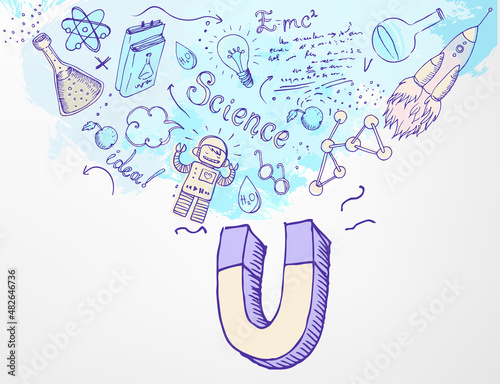 Back to School: science lab objects with magnet, educational concept, vector illustration isolated on beige.