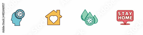 Set Human and virus, House with heart inside, Blood test and Stay home icon. Vector
