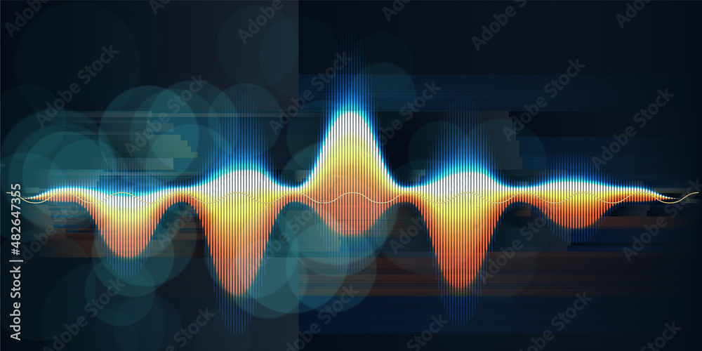 Abstract background with color sound wave lines and blurred lines on blue. Technologyl sound wave and spot light. For music wave poster design. - obrazy, fototapety, plakaty 