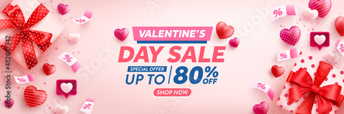 Valentine's Day Sale Poster with cute heart,pink coupon and Valentines day gift box on pink background. Promotion and shopping template for love and Valentine's day concept.