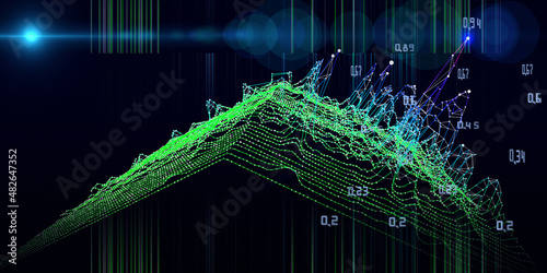 Abstract technology background with polygonal diagram grid and blurred lines on dark. Analytics data algorithms. Computing concept. Big Data. Banner for business, science and technology.