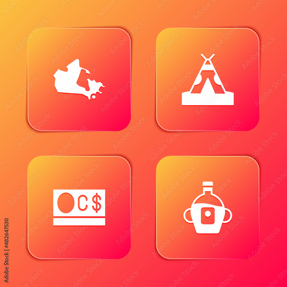 Set Canada map, Indian teepee or wigwam, Canadian dollar and Maple syrup icon. Vector Set Canada map, Indian teepee or wigwam, Canadian dollar and Maple syrup icon. Vector