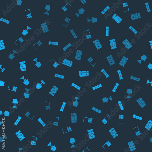 Set Office desk, Chest of drawers, and Table lamp on seamless pattern. Vector
